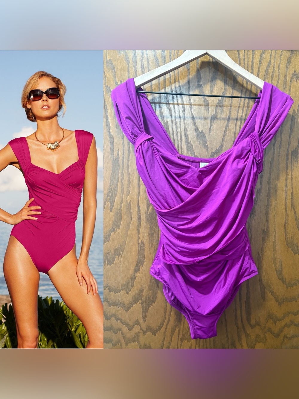 Badgley Mischka Purple Draped Surplice One-Piece Swimsuit size 12